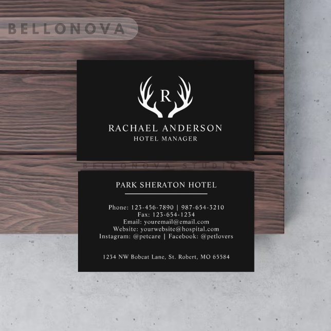 Carte De Visite Nom Personnalisé Noir Et Blanc Cerf Antler Monogra (Custom Name Black And White Deer Antler Monogram Business Card)