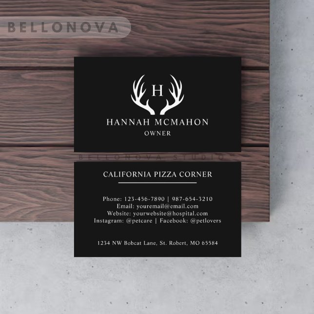 Carte De Visite Nom Personnalisé Noir Et Blanc Cerf Antler Monogra (Custom Name Black And White Deer Antler Monogram Business Card)