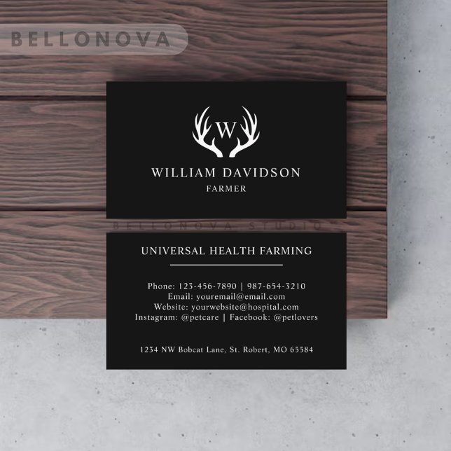 Carte De Visite Nom Personnalisé Noir Et Blanc Cerf Antler Monogra (Custom Name Black And White Deer Antler Monogram Business Card)