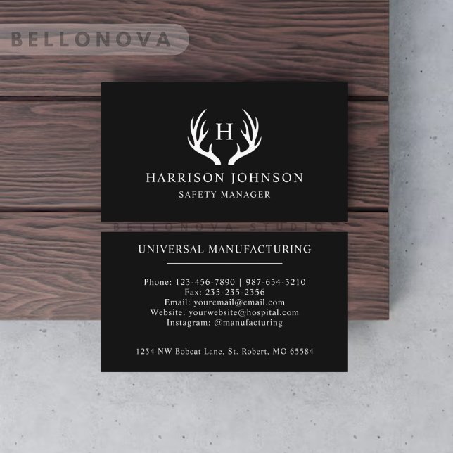 Carte De Visite Nom Personnalisé Noir Et Blanc Cerf Antler Monogra (Custom Name Black And White Deer Antler Monogram Business Card)