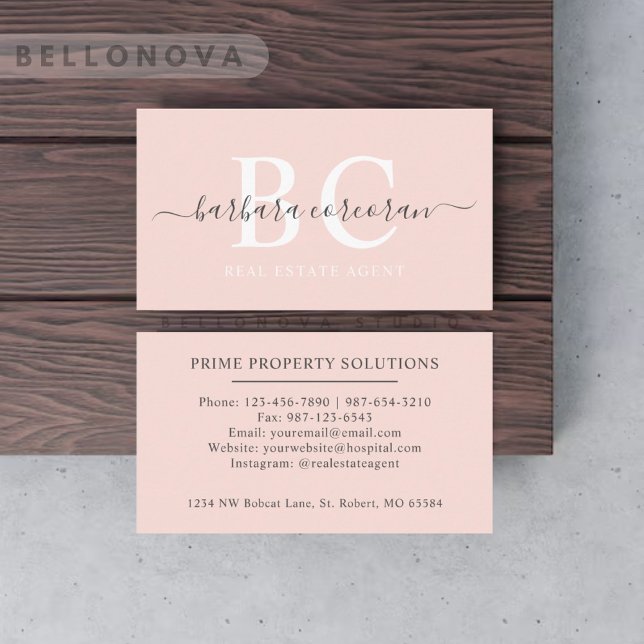 Carte De Visite Nom personnalisé Pale Pastel Rose Blanc noir Monog (Custom Name Pale Pastel Pink White Black Monogram Business Card)