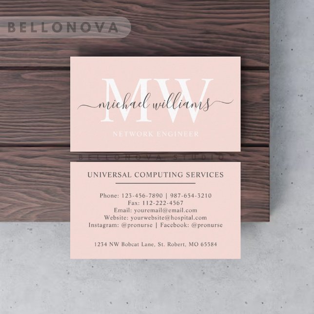 Carte De Visite Nom personnalisé Pale Pastel Rose Blanc noir Monog (Custom Name Pale Pastel Pink White Black Monogram Business Card
)