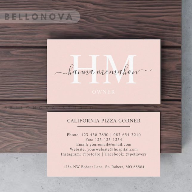 Carte De Visite Nom personnalisé Pâle rose blanc noir Monogramme (Custom Name Pale Peach Pink White Black Monogram Business Card)