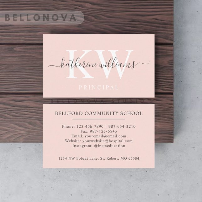 Carte De Visite Nom personnalisé Pâle rose blanc noir Monogramme (Custom Name Pale Peach Pink White Black Monogram Business Card)
