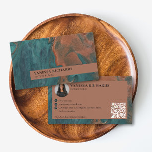 Carte De Visite Nota photo stylé Turquoise et cuivre Swirl QR Code