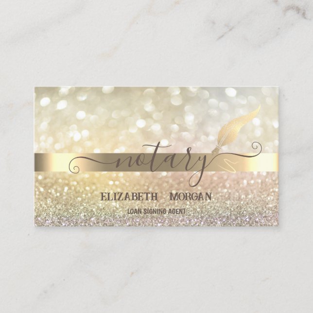 Carte De Visite Notaire Elegant Bokeh Gold Feather (Devant)