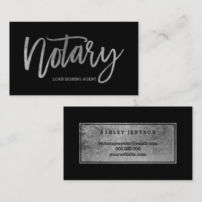 Carte De Visite Notaire élégant chic typographie argent noir (Devant / Derrière)
