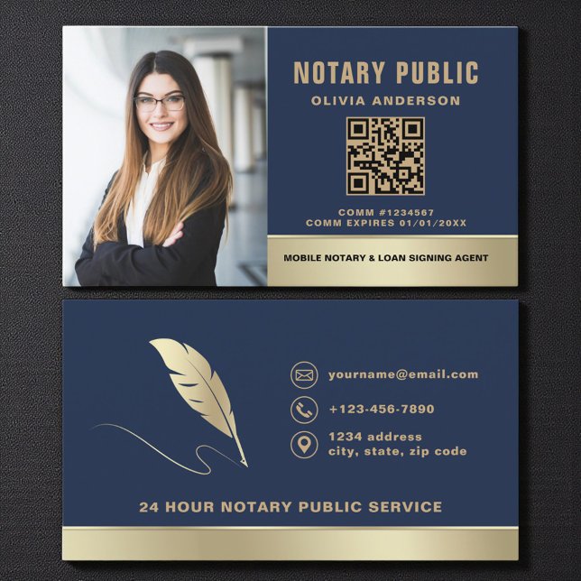 Carte De Visite Notaire public avec code QR bleu marine moderne (Créateur téléchargé)