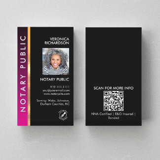 Carte De Visite Notaire QR Code moderne rose et noir Photo I.D.