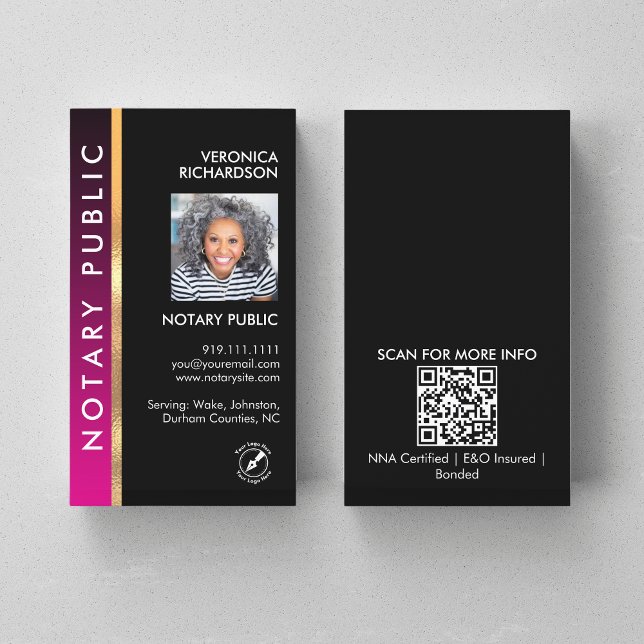 Carte De Visite Notaire QR Code moderne rose et noir Photo I.D. (Créateur téléchargé)