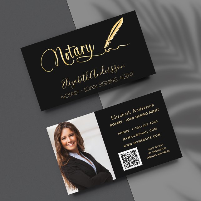 Carte De Visite Notary loan signing agent black gold photo QR code (Créateur téléchargé)