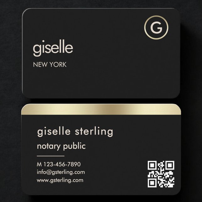 Carte De Visite Notary Public Black Gold QR Code (Créateur téléchargé)