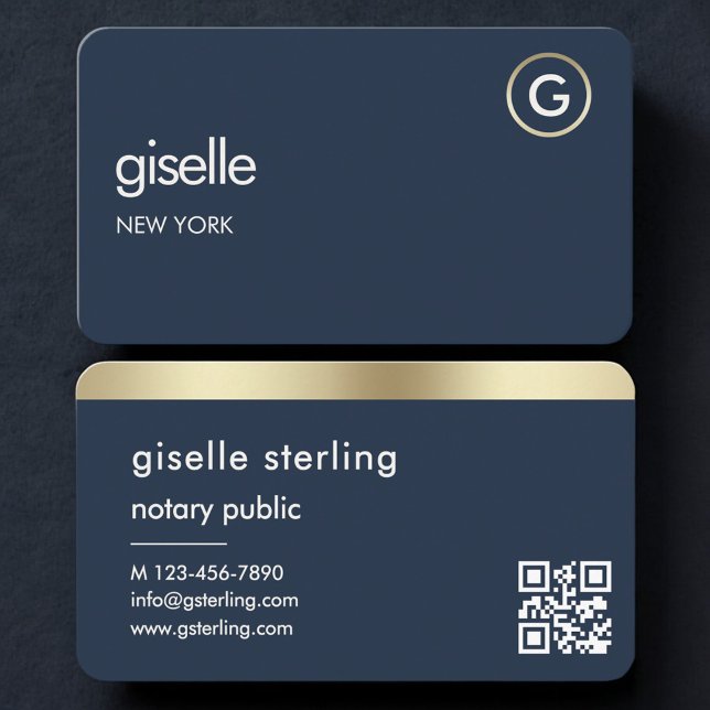Carte De Visite Notary Public Navy Blue Gold QR Code (Créateur téléchargé)