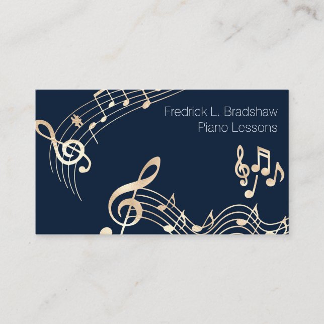 Carte De Visite Notes de musique dorées sur fond bleu marine (Devant)
