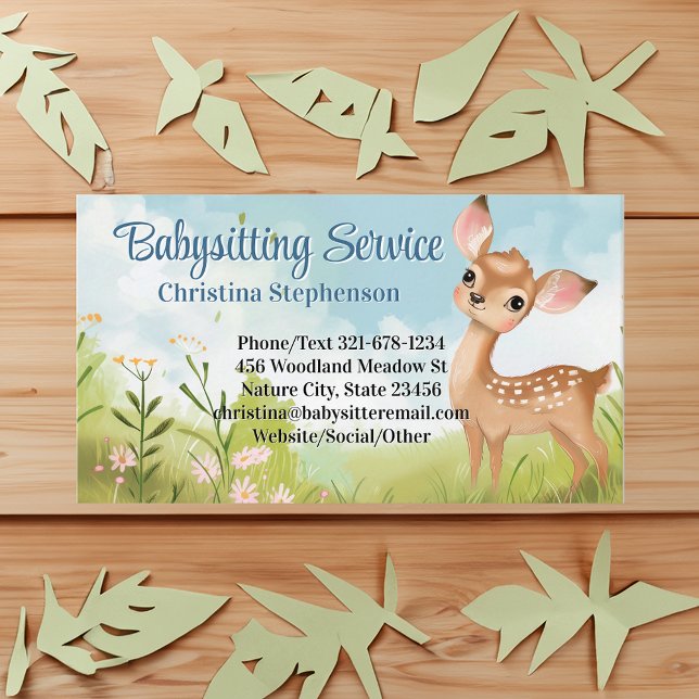 Carte De Visite Nounou Garde d'enfants Aquarelle Bébé Cerf (baby deer babysitting childcare business card)