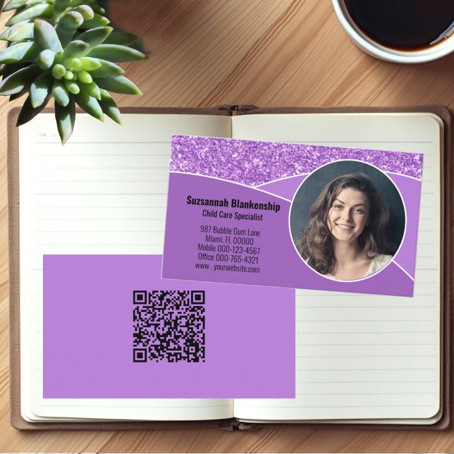 Carte De Visite Nounou professionnelle photo personnalisée violet  (Custom photo & QR code template business card design)