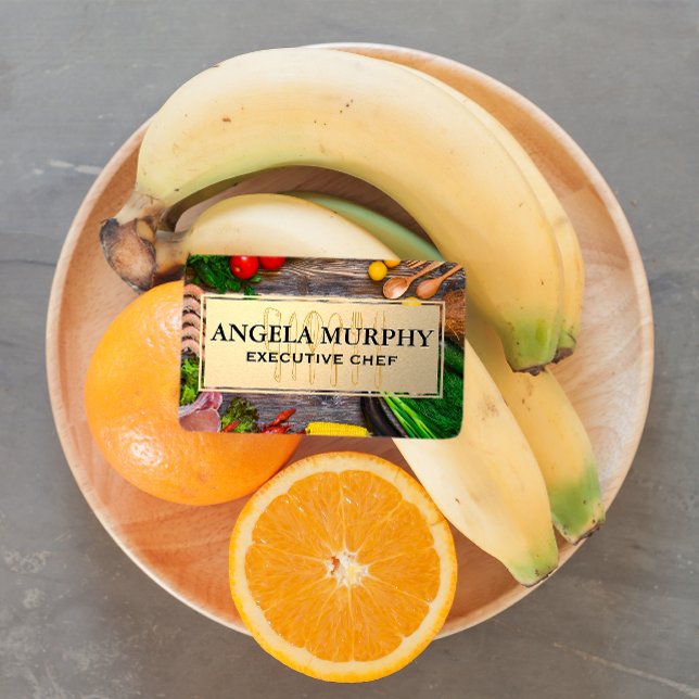 Carte De Visite Nourriture sur table en bois | Cadre Or | Outils d (Créateur téléchargé)