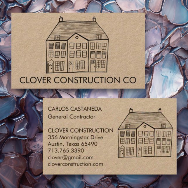 Carte De Visite Nouvelle maison Entrepreneur en construction moder (Custom business card with house line art drawing. Add your own text to this kraft card)