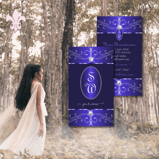 Carte De Visite Novelty Royal Blue Ornate Ornate Initiales Chic (Créateur téléchargé)