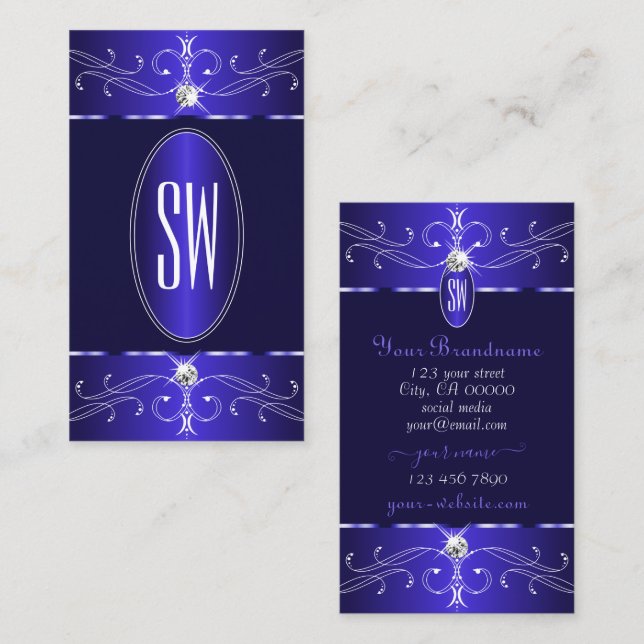 Carte De Visite Novelty Royal Blue Ornate Ornate Monogram Chic (Devant / Derrière)