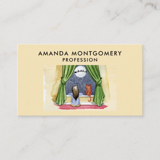 Carte De Visite Nuit de Noël Aquarelle mignonne Enfant & Kitty Cha (Devant)