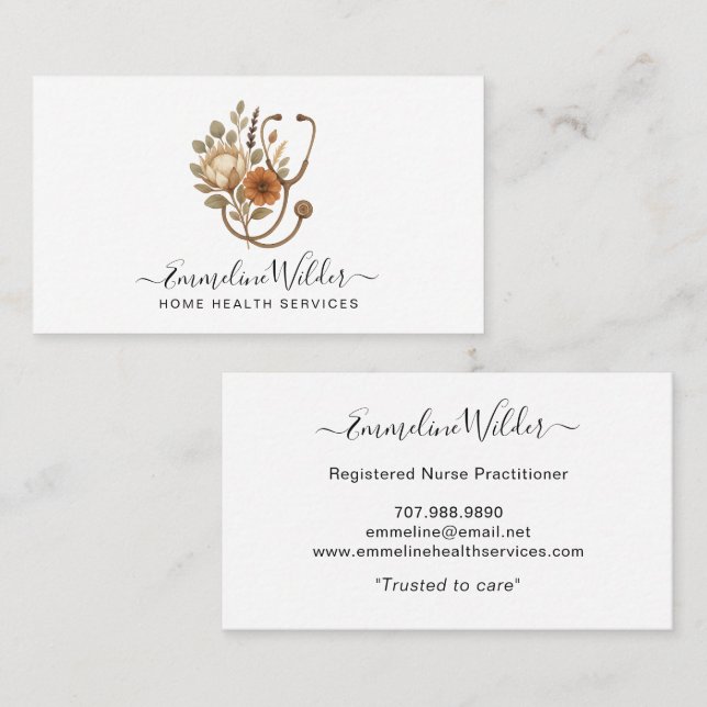 Carte De Visite Nurse Caregiver Floral Stethoscope Business Card (Devant / Derrière)