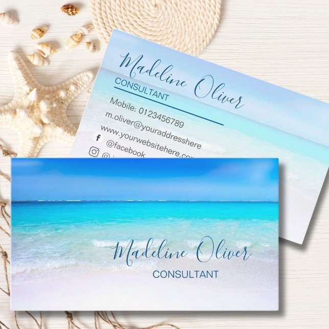 Carte De Visite Ocean Beach Sea Social Media Travel Aqua Blue (Créateur téléchargé)