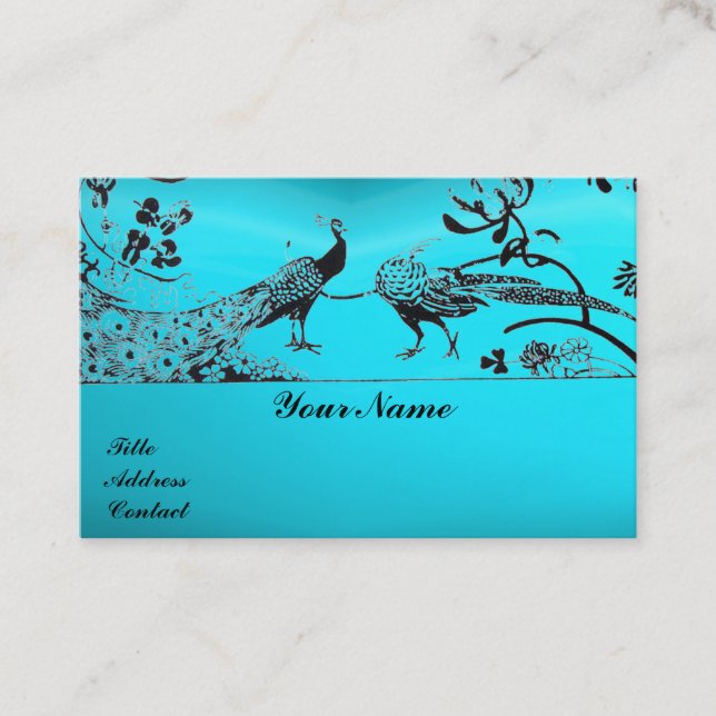 Carte De Visite OISEAUX AMOUREUX MARIÉS / PAONS Noir Bleu Turquois (Devant)