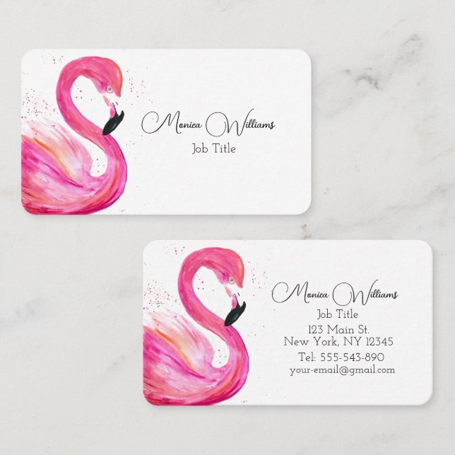 Carte De Visite Oiseaux flamants aquarelle rose tropical (Devant / Derrière)
