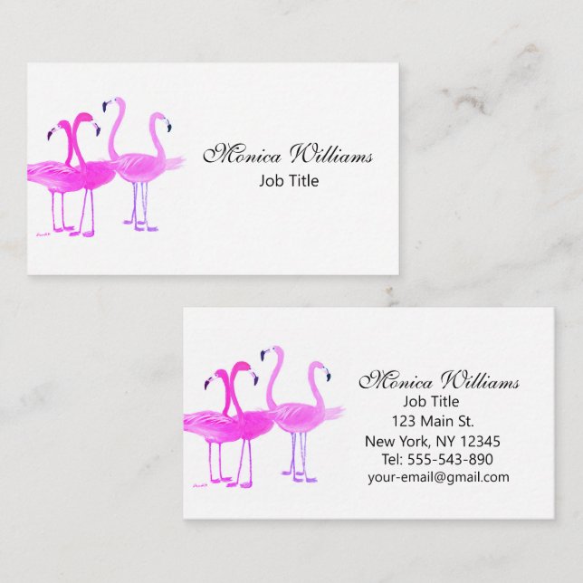 Carte De Visite Oiseaux flamants aquarelle rose tropical (Devant / Derrière)