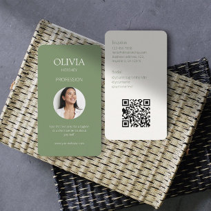 Carte De Visite Olive Green & Creamy Ivory Photo Social QR Code