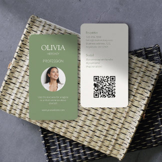 Carte De Visite Olive Green & Creamy Ivory Photo Social QR Code