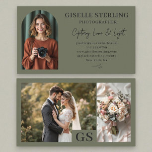 Carte De Visite Olive Green Élégant Script photo Professionnel