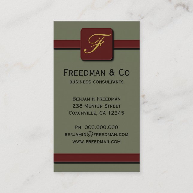 Carte De Visite Olive Green et Dark Red Monogram Professionnel (Devant)