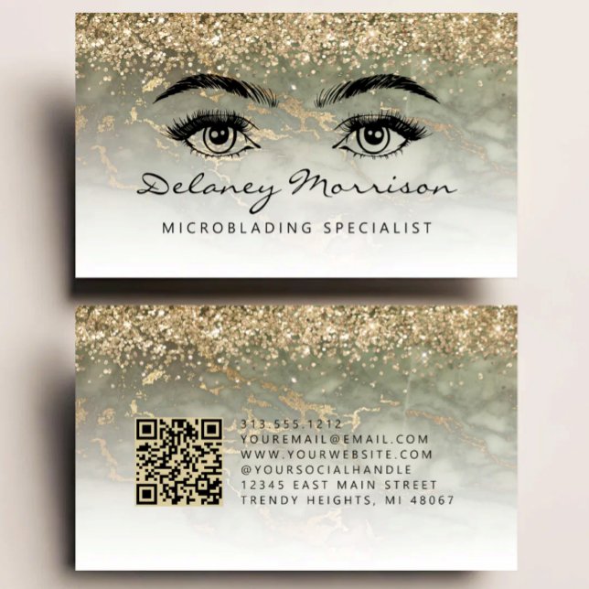 Carte De Visite Olive Green Gold Marble Eyes QR Code Microblading (Créateur téléchargé)