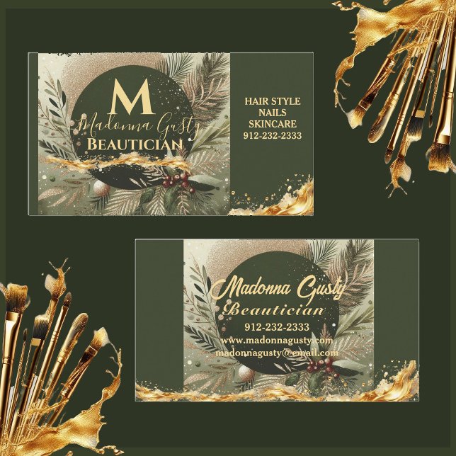 Carte De Visite Olive Green Gold Monogramme Beauticier Professiona (Olive Green Gold Monogram Beautician Professional Business Card)