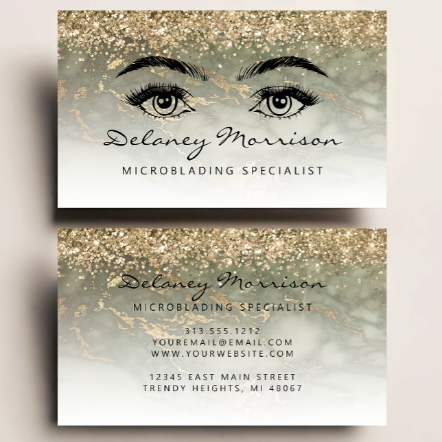 Carte De Visite Olive Green Marble Gold Glitter Eyes Microblading (Créateur téléchargé)