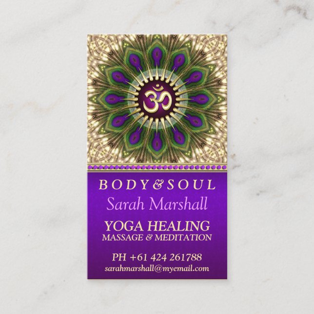 Carte De Visite OM Holistic Royal Purple+Green Peacock Mandala (Devant)