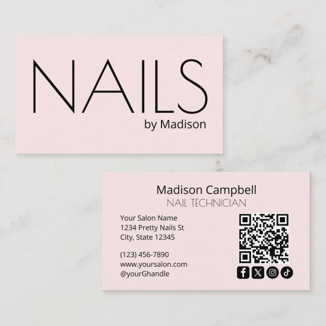 Carte De Visite Ongles Code QR d'Icône Sociale Moderne Rose Pâle (Devant / Derrière)