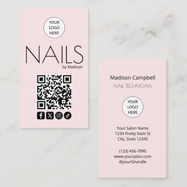 Carte De Visite Ongles Code QR Icône Sociale Moderne Rose Pâle (Devant / Derrière)