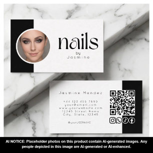 Carte De Visite Ongles en photo noir et blanc Code QR Icônes socia