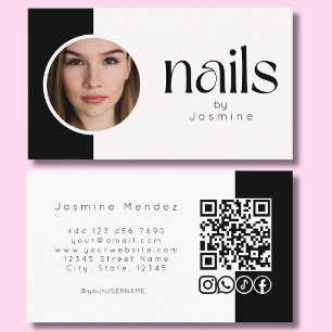 Carte De Visite Ongles en photo noir et blanc QR Code Icônes socia