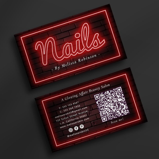 Carte De Visite Ongles Manucureuse Mur Brique et Néon Rouge Code Q (Créateur téléchargé)