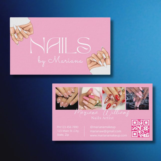 Carte De Visite ongles tech code qr stylé 4 photos rose chic (Créateur téléchargé)