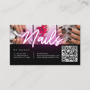 Carte De Visite Ongles Typographie Néon Rose Collage Photo Code QR