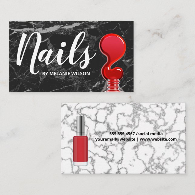 Carte De Visite Ongles | Verser à ongle rouge | Marbre (Devant / Derrière)