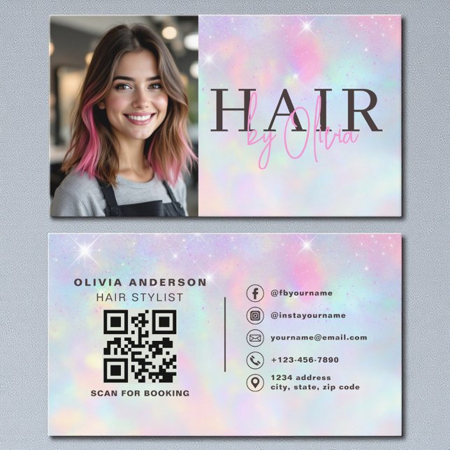 Carte De Visite Opal Glitter Hair Stylist Photo QR Code  (Créateur téléchargé)