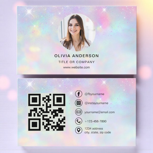 Carte De Visite Opal Glitter Photo with QR Code Social Media (Créateur téléchargé)