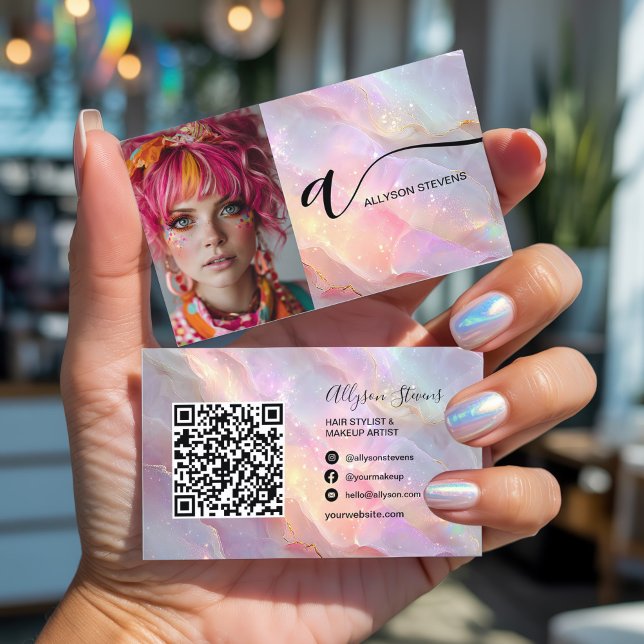 Carte De Visite Opal moderne Parties scintillant arc-en-ciel photo (Modern Opal Rainbow Glitter Photo QR Code Makeup Business Card)