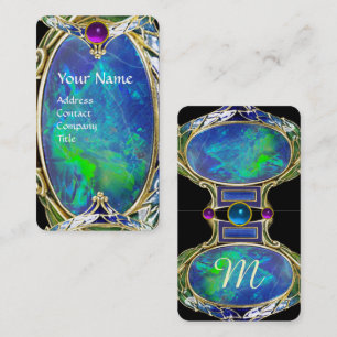 CARTE DE VISITE OPAL VERT BLEU, MONOGRAMME D'OEUVRE D'OR ART NOUVE